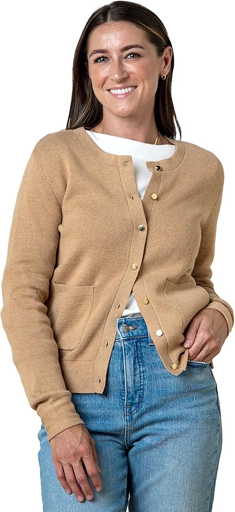 Hope & Henry Women's Organic Milano Stitch Sweater Cardigan Camel Heather