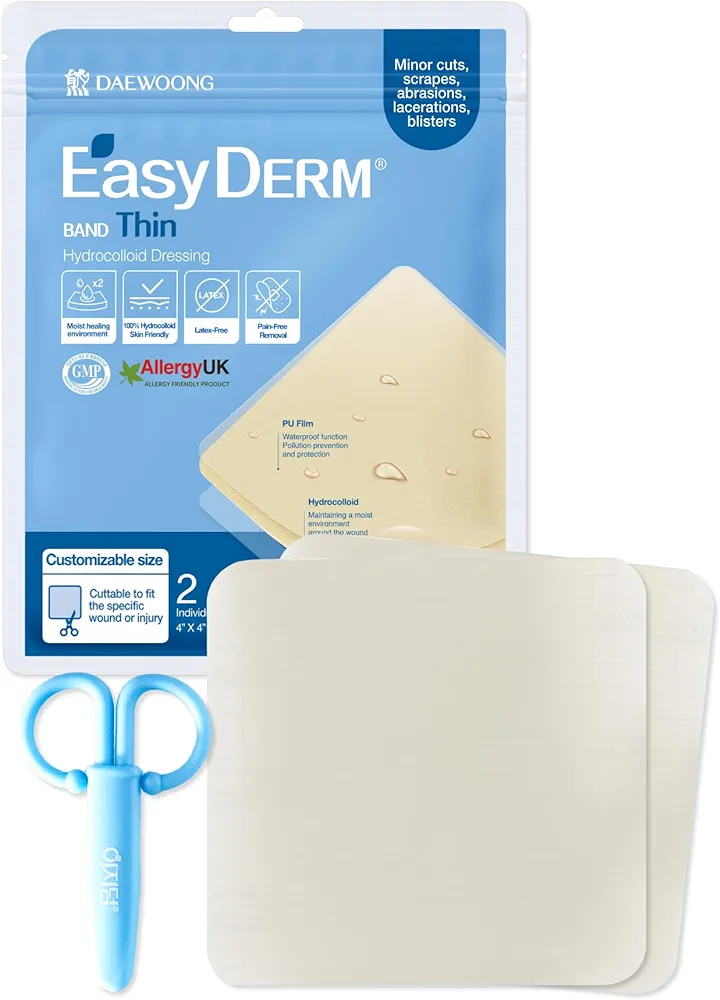 Easyderm Thin Hydrocolloid Large Wound Dressing 4”x4” 1 Pack (2 Dressings) | Waterproof, Latex-Free, Highly Absorbent Dressing for Burns, Blisters, Acne Care and Wound Healing with Mini Scissor