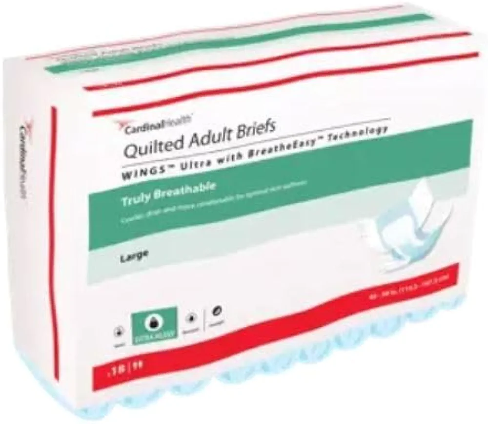 Cardinal Health™ Quilted Adult Briefs, Wings™ Ultra with BreatheEasy™ Technology, Extra Heavy Absorbency, Large, Case of 72