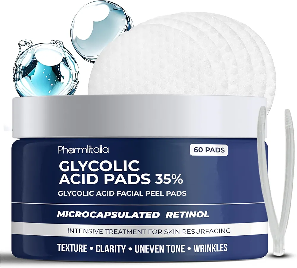 Glycolic Acid Resurfacing Pads for Face, Feet & Underarms - 35% Glycolic Acid Peel Pads for Clearer, Smoother Skin - Facial Exfoliating Pads For Dark Spots, Acne, and Wrinkles - 60 Pads