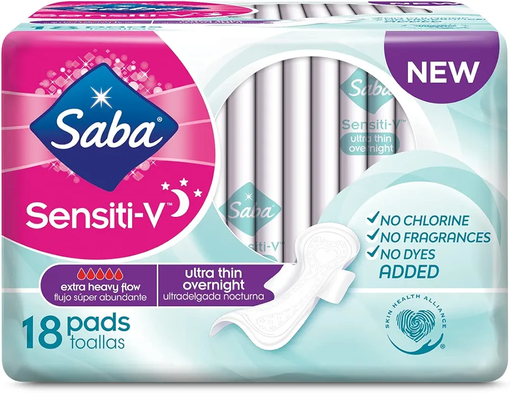 Saba Sensiti-V Ultra Thin Overnight Pads with Wings, 72 Count (4 Packs of 18)