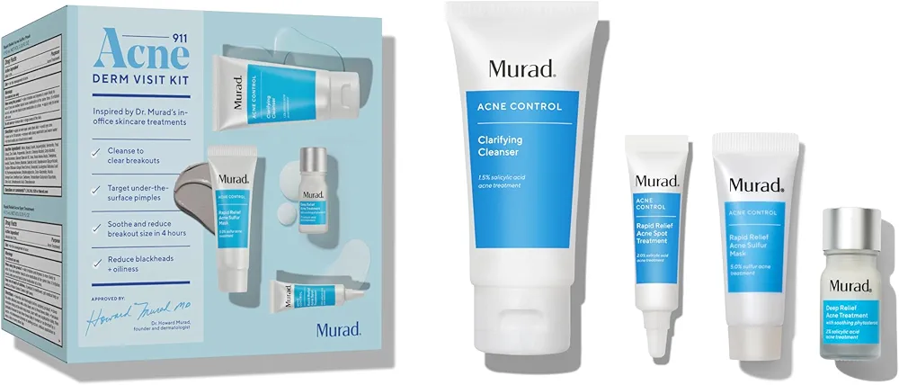 Murad Acne 911 Derm Visit Kit - Travel Ready Acne Fighting Trial Kit - Acne Sulfur Mask 0.33Fl Oz, Clarifying Cleanser 2.0Fl Oz, Acne Spot Treatment 0.25Fl Oz, Deep Relief Acne Treatment 0.17Fl Oz