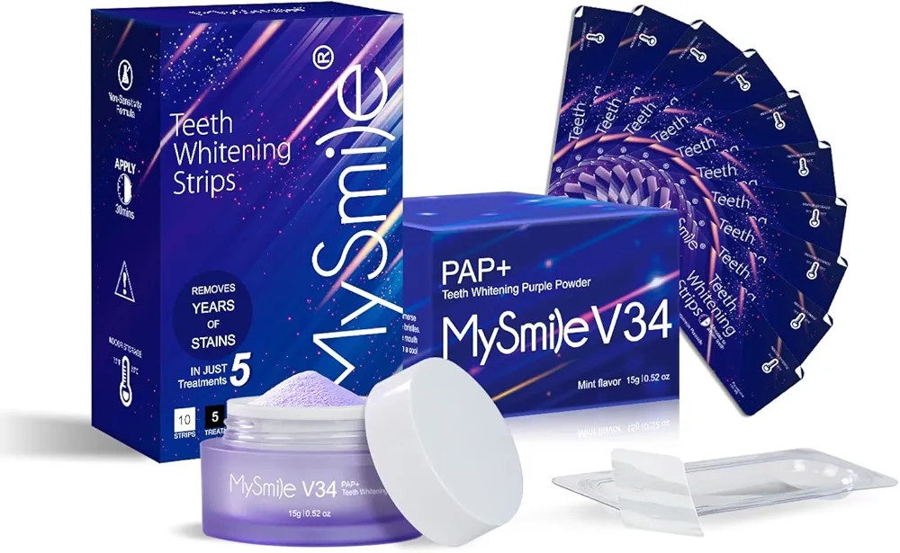 MySmile Teeth Whitening Strips and Teeth Whitening Powder - Professional Strength Formulated Enamel Safe Strips Powder for Sensitive Teeth - 10 Whitening Strips Dental Stain Remover for Whiter Smile -