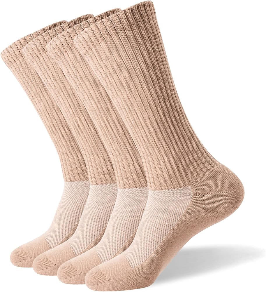 Well Knitting Loose Men's Diabetic Crew Socks,Non-Binding Top,Seamless Toe,Semi Cushion,Breathable Soft Coolmax Socks 4 Pairs