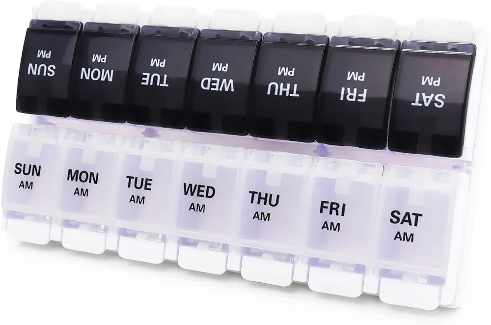 Large Pill Boxes and Organizer 2 Times a Day, MOLN HYMY 7 Day AM PM Pill Case, 14 Compartments Pill Dispenser to Hold Big Vitamin Supplements Fish Oil (Black+White)