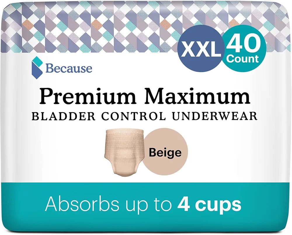 Because Premium Maximum Plus Adult Incontinence and Postpartum Bladder Leak Underwear for Women, Maximum Absorbency, Disposable, Beige, XXLarge, 40 Count (4 Packs of 10)