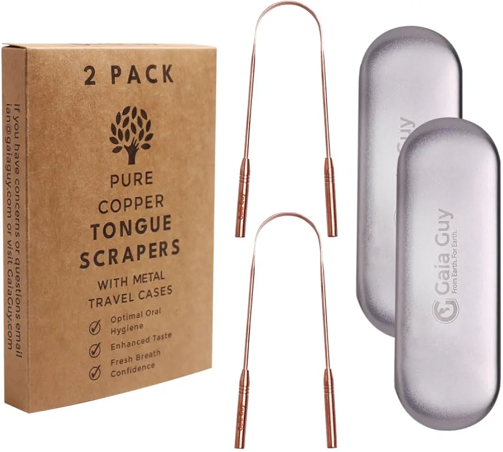 Gaia Guy Copper Tongue Scraper with Metal Case - 2 Pack - Plastic Free Tongue Scrapers for Adults, Tongue Cleaner for Oral Care & Hygiene