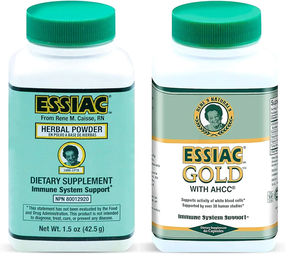 Essiac All-Natural Herbal Tea Powder Gold Herbal Extract with Mushroom Derived AHCC - 1.5 oz Bottle & 60 Capsules | Powerful Antioxidant Blend to Help Promote Overall Health & Well-being