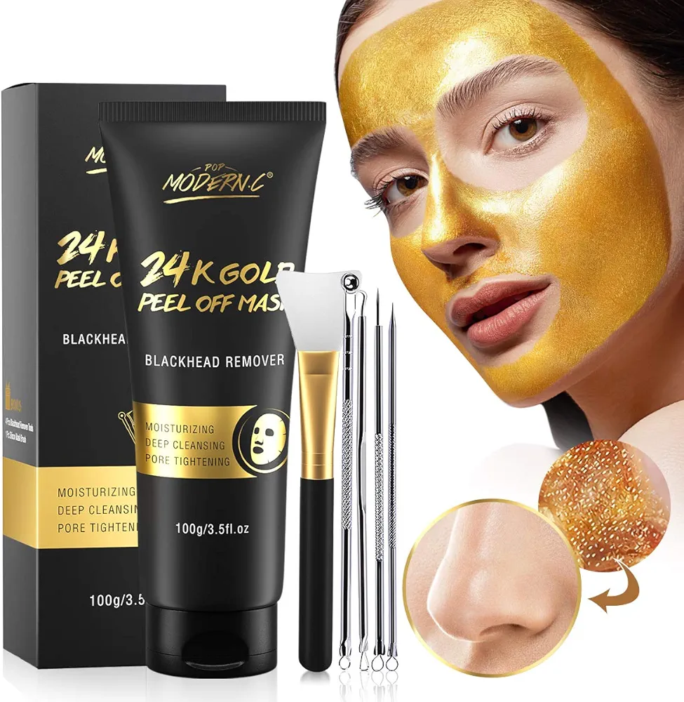 Blackhead Remover Mask, 24K Gold Peel Off Mask, Gold Facial Mask Anti-Aging, Deep Cleansing, Reduces Fine Lines＆ Wrinkles Great for All Skin, With Blackhead Remover Extractor Tools Kit & Mask Brush