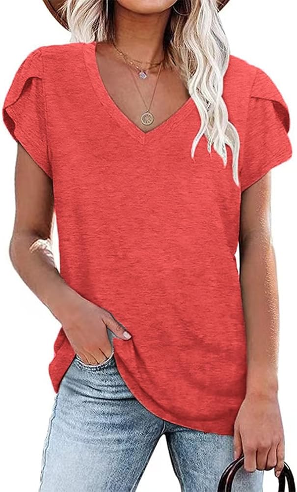 Womens Tops Summer Petal Sleeve Casual V Neck T-Shirts