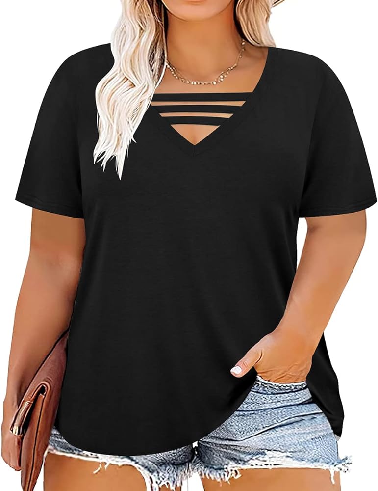 RITERA Plus Size Tops for Women Short Sleeve T Shirt V Neck Cut Out Summer Tee Blouses