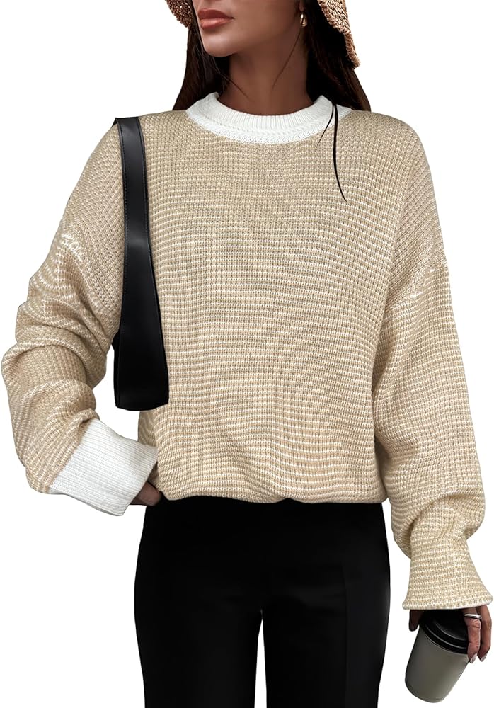 ANRABESS Womens 2024 Fall Sweaters Crewneck Casual Long Sleeve Contrast Loose Waffle Knit Pullover Sweater Top Trends Outfits