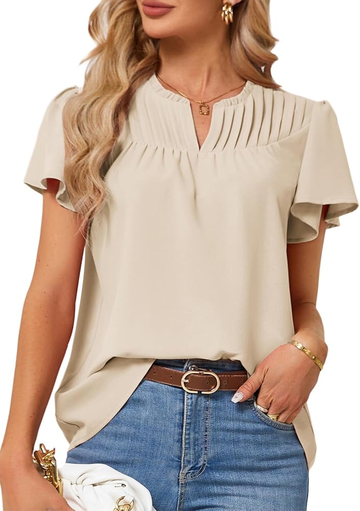 JASAMBAC Women's Summer Dressy Casual Blouses Loose Business Work Tops V Neck Short Sleeve Pleated Flowy T Shirts Blouses