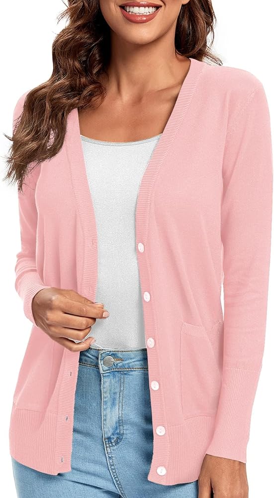 Urban CoCo Women's Lightweight Long Sleeve Knit Dressy Cardigan with Pockets Button Down Sweater Blazers