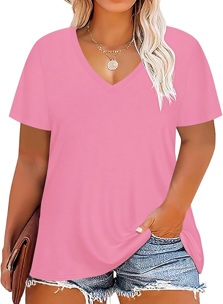 RITERA Plus Size Tops For Women Oversized Summer Basic V Neck Short Sleeve Henley Shirt Casual Tunic Shirts XL-5XL