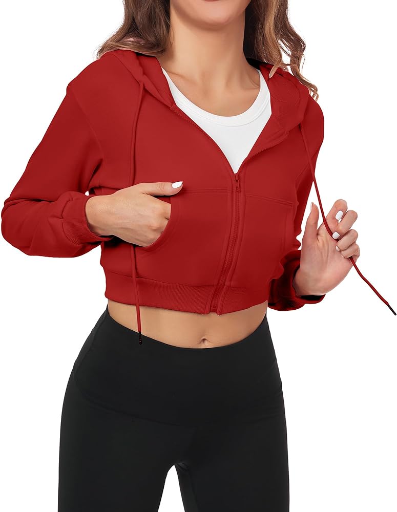 Cropped Zip Up Hoodie Women Jacket Top Sweatshirt Casual Basic Gym Workout Sport