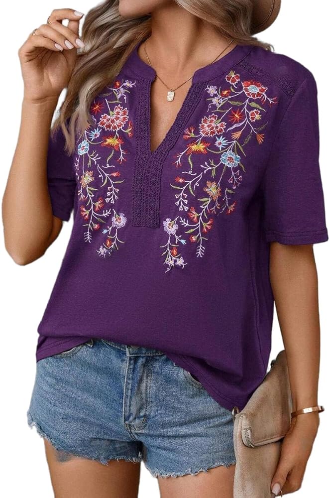 Mexican Shirts for Women Embroidered Tops Traditional Summer Blouse Floral Tunic V Neck Short Sleeve T Shirt