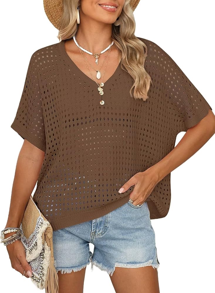 Dokotoo Womens Summer V Neck Short Sleeve Button Down Sweater Casual Crochet Hollow Out Knit Tops Beach Coverup