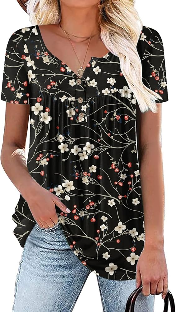 Aodemo Women's 2024 Summer Henley V Neck Button Up Tunic Ladies Loose Fit Tops Flowy Short Sleeve/Sleeveless Blouse