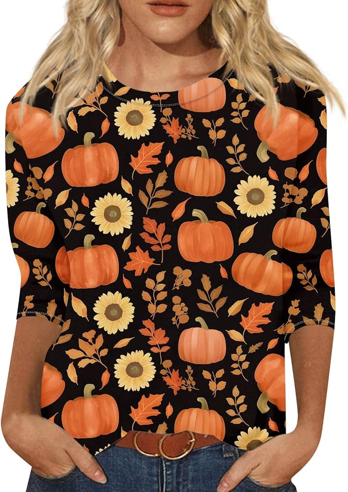 Womens Halloween Shirts 3/4 Sleeve Round Neck Tops Cute Printed Blouse Loose Fit Oversized Tunic Casual Trendy tee