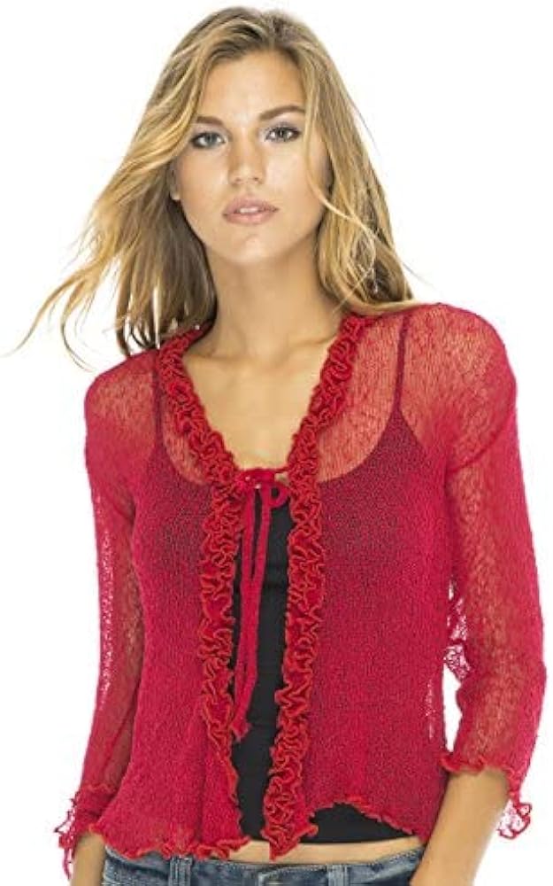 Back From Bali Womens Sheer Shrug Cardigan Sweater Ruffle Lightweight Knit