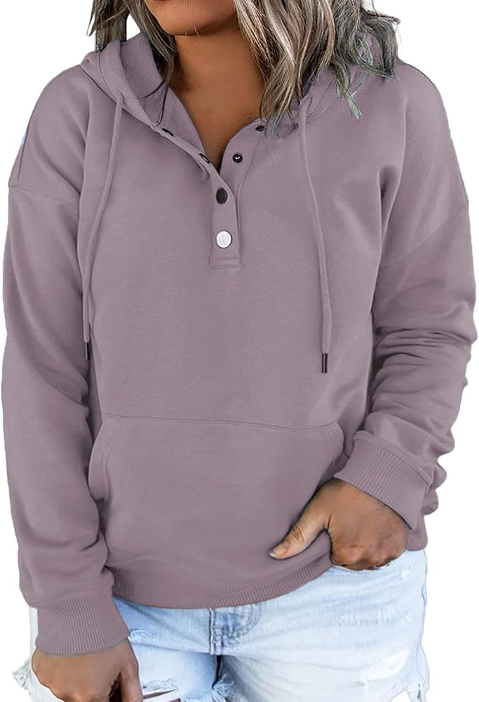 VISLILY Women's-Plus-Size-Hoodies Buttons Collar Hooded Sweatshirts Drawstring Pullover Tops with Kangaroo Pocket XL-4XL