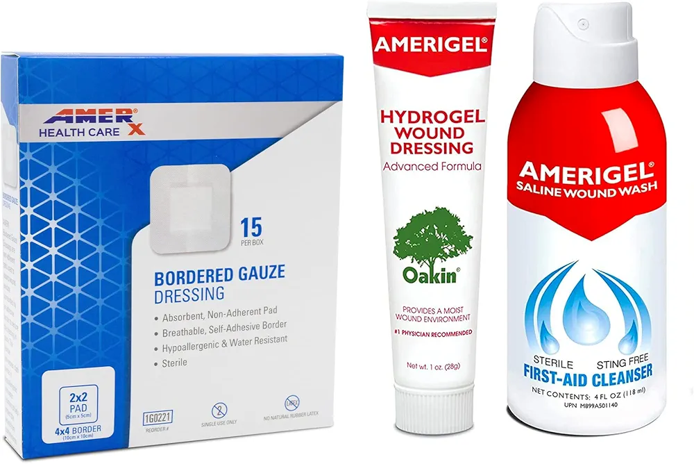 AMERIGEL Total First Aid Bundle - Medium - Hydrogel Wound Dressing (1 oz.) - Saline Wound Wash First Aid Cleansing Solution (4 Fl oz.) - Bordered Gauze Adhesive Bandages (15 Pads)