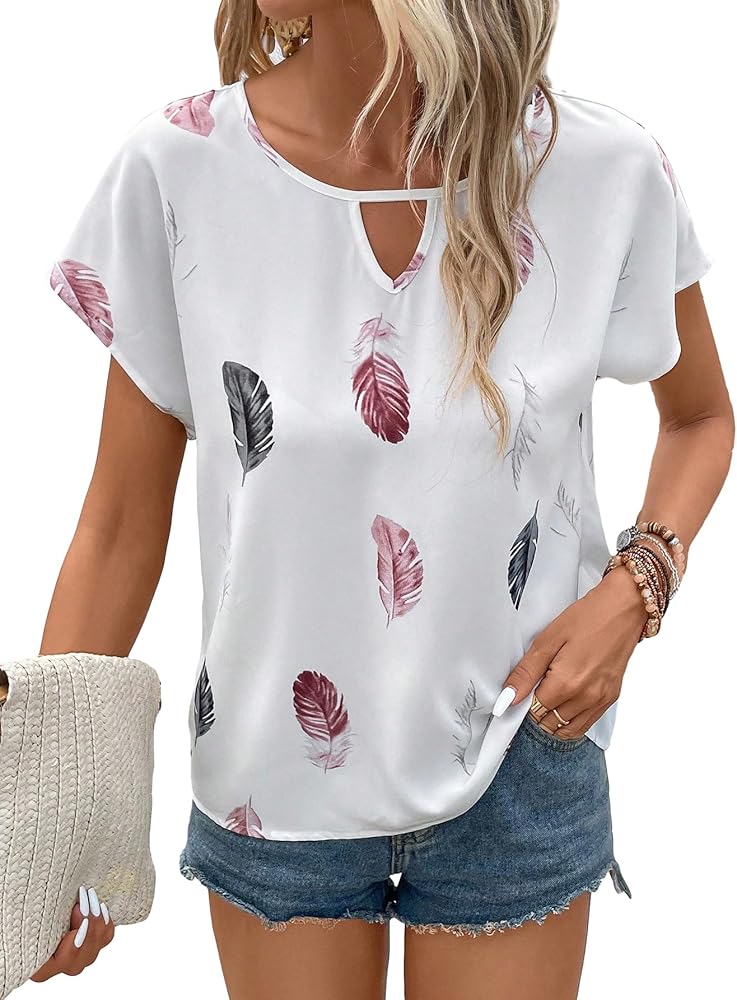 SOLY HUX Women's Feather Print Short Sleeve Blouse Casual Summer T Shirt Top