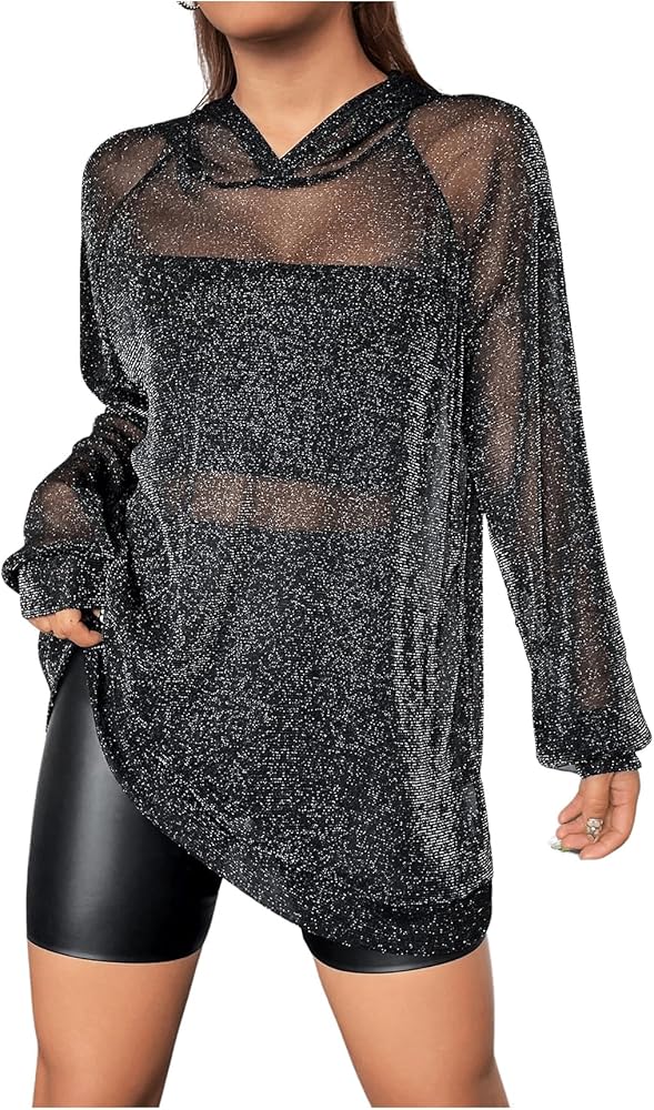 GORGLITTER Women's Glitter Mesh Hoodie Raglan Sleeve Sexy See Through Long Sweatshirt