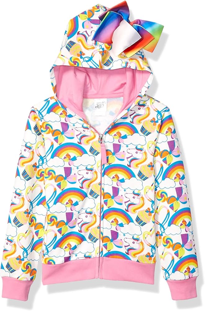 JoJo Siwa Girls' Little Unicorns & Rainbows All Over Print Zip Up Hoodie with Bow