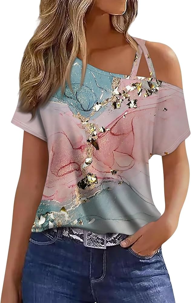 FQZWONG Off The Shoulder Tops for Women Womens Summer Clothes 4Th of July Outfits Ladies Short Sleeve USA Patriotic Shirts