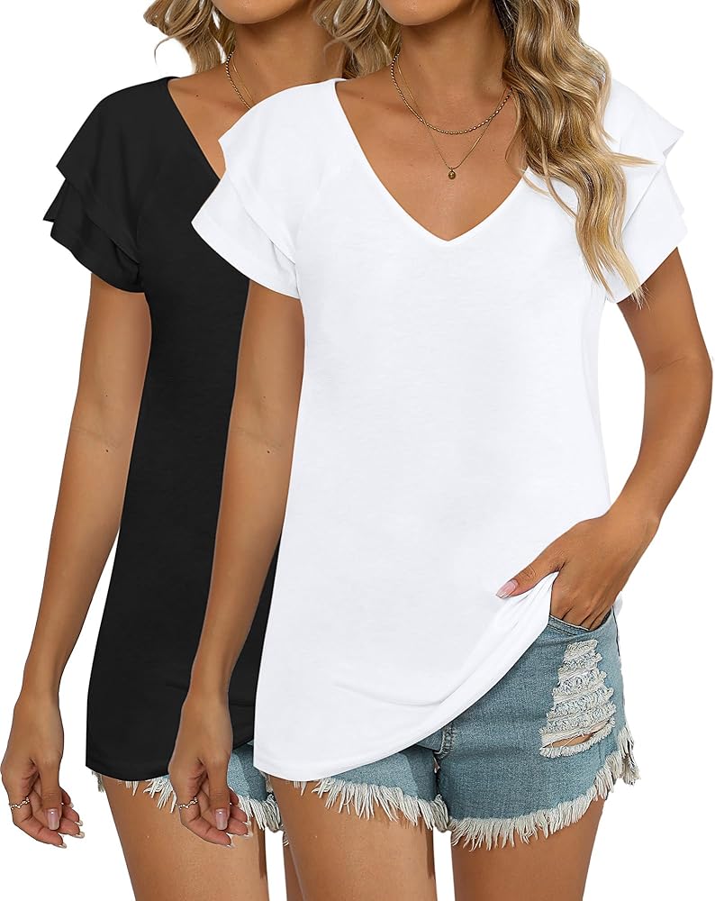 Riyiper 2 Pcs Women's Casual Tops Double Ruffle Short Sleeve T Shirts Flowy V Neck Summer Blouses Dressy Work Tunic Tops