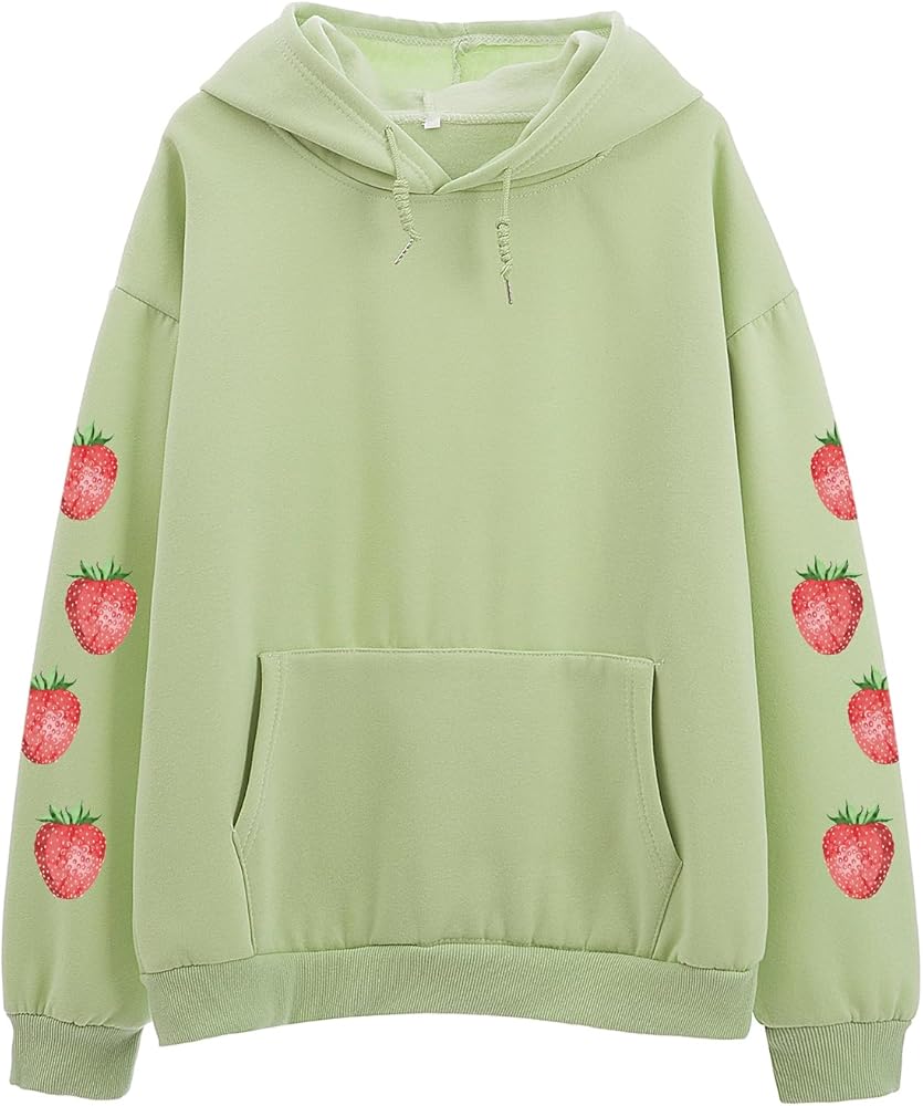 KEEVICI Women's Cute Sweatshirt Strawberry Sleeve Printed Cotton Warm Hoodie with Pocket