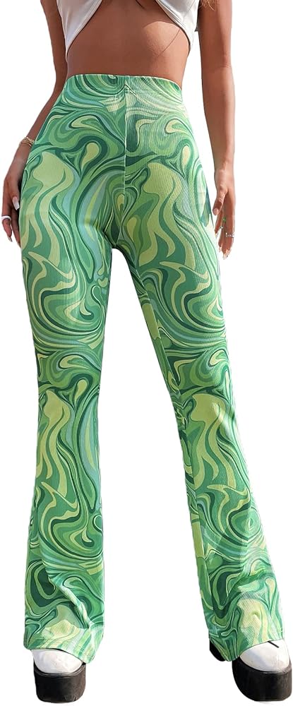 WDIRARA Women's Marble Printed Flare Pants High Waisted Elastic Waist Casual 70s Disco Long Pants