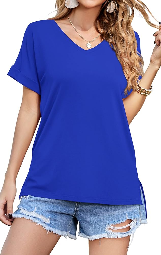 Neineiwu Women's Summer Short Sleeve V-Neck Shirts Casual Tee T-Shirt Side Split Loose Tops