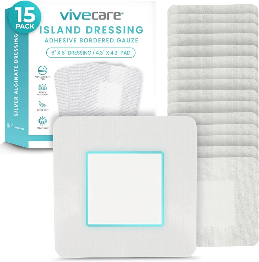 Island Dressing - (15 Pack) 6x6 Sterile Gauze Pads for Wounds - Waterproof Non Stick Adherent Border Flex Bandages - Soft Absorbent First Aid Medical Bandages - Protective Healing for Burn