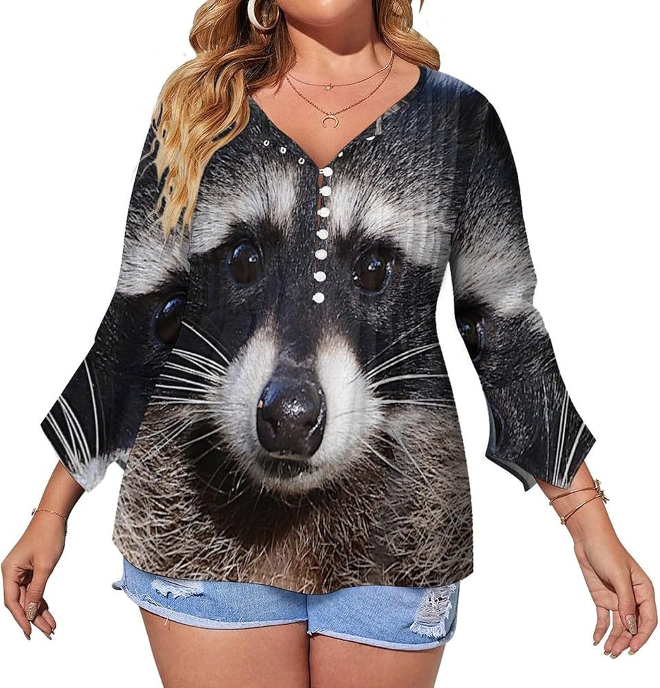 Northern Raccoon's Face Cute Womens T-Shirts 3/4 Sleeve Button Down Tee Tops Blouse Summer Beach