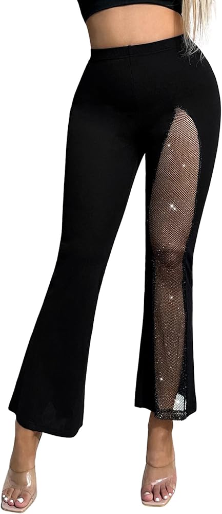 Verdusa Women's Elastic Waist Flare Leg Mesh Sheer Solid Long Pants Trousers