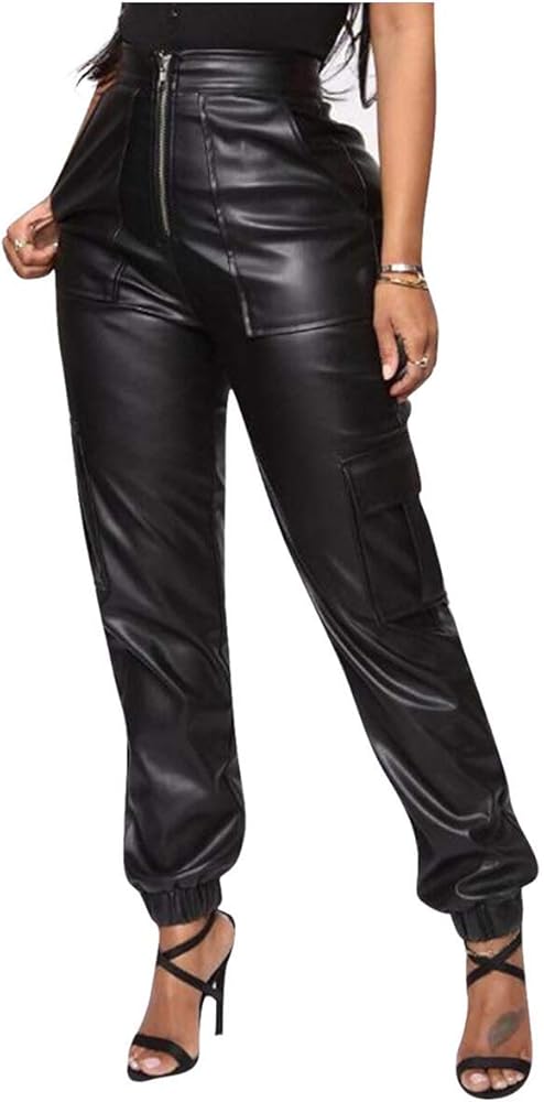 Sexyshine Women's Faux Leather Loose Solid Pant High Waist Baggy Jogger Cargo Pant with Pockets