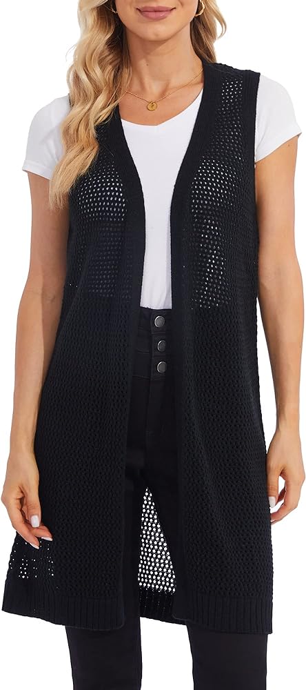 Moss Rose Womens Sleeveless Cardigans Vests Long Open Front Hollow Crochet Cardigan Sweater Duster Vest