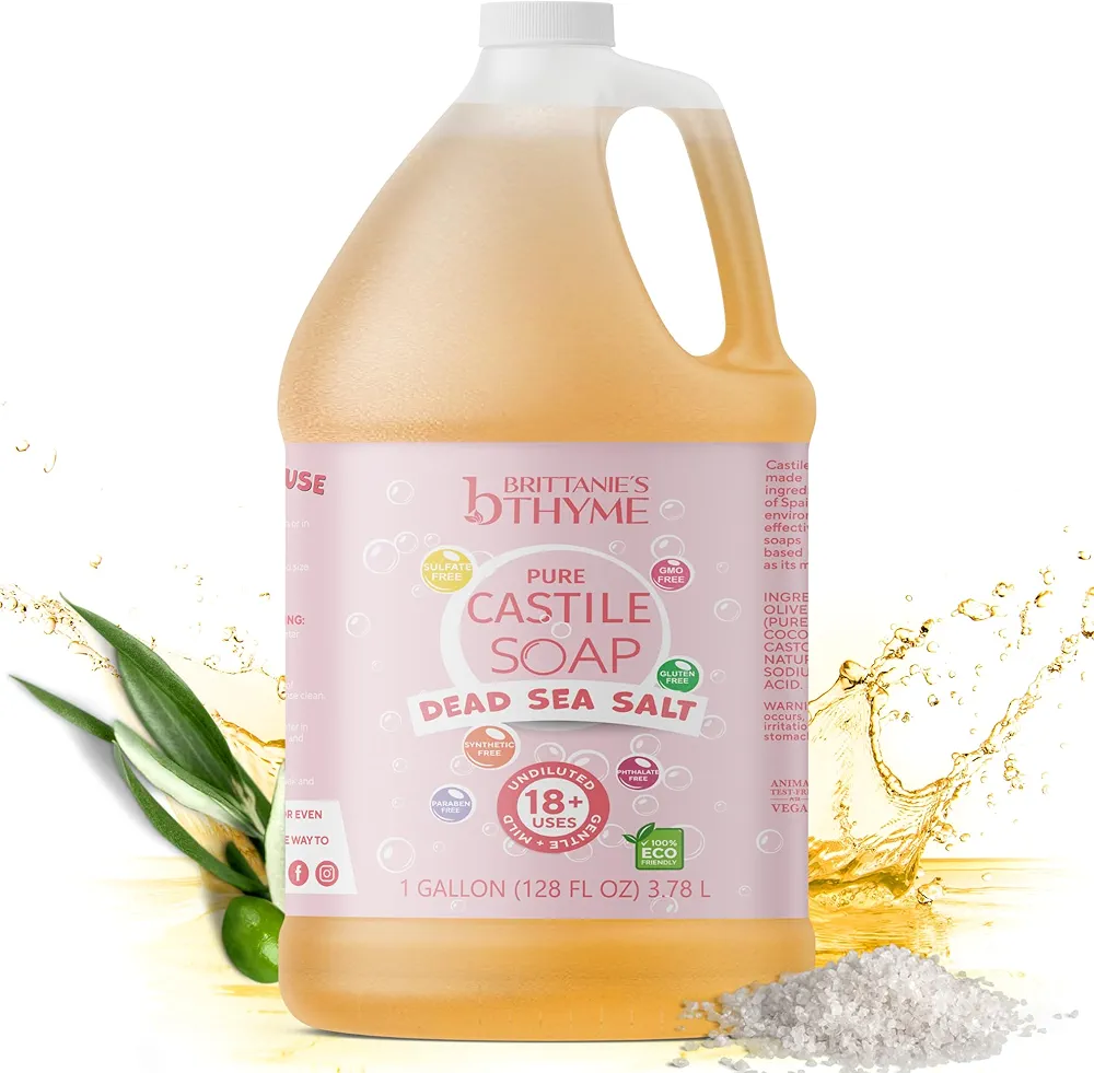 Brittanie's Thyme Pure Castile Liquid Soap Refill, 1 Gallon | For Hair & Body, Gentle and Pure, Made with Natural Luxurious Oils, Vegan & Gluten Free Non-GMO (Dead Sea Salt)