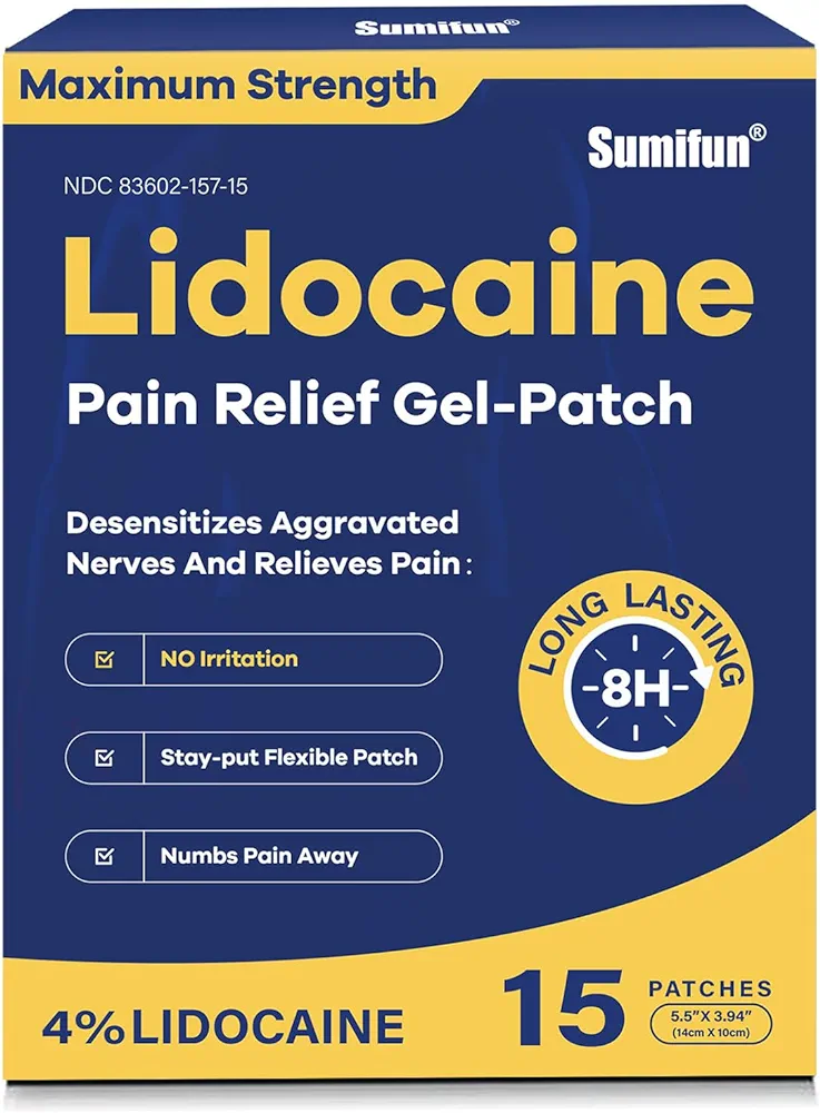 Sumifun 4% Lidocaine Pain Relief Patches 15 Count Maximum Strength Numbing Gel Patch for Back Knee Neck Joint Ache Muscle Soreness Topical Analgesic