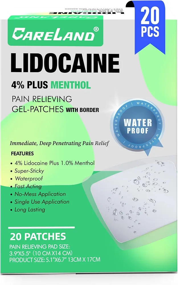 4% Lidocaine Patches Plus 1% Menthol, 20 Pcs Waterproof Maximum Strength Back Pain Relief Products Patches with Border, for Neck Knee Nerve Shoulder Pain Relief Muscle Relaxer, Super Sticky