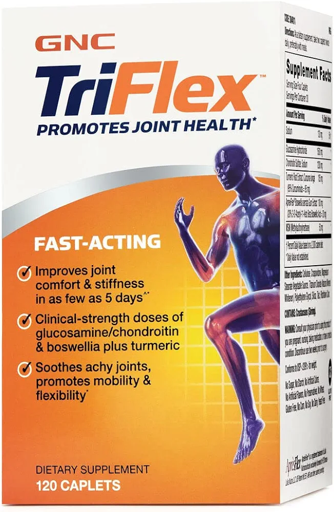 GNC TriFlex Fast-Acting | Improves Joint Comfort and Stiffness, Clinical Strength Doses of Glucosamine/Chondroitin and Boswellia- Plus Turmeric | 120 Caplets