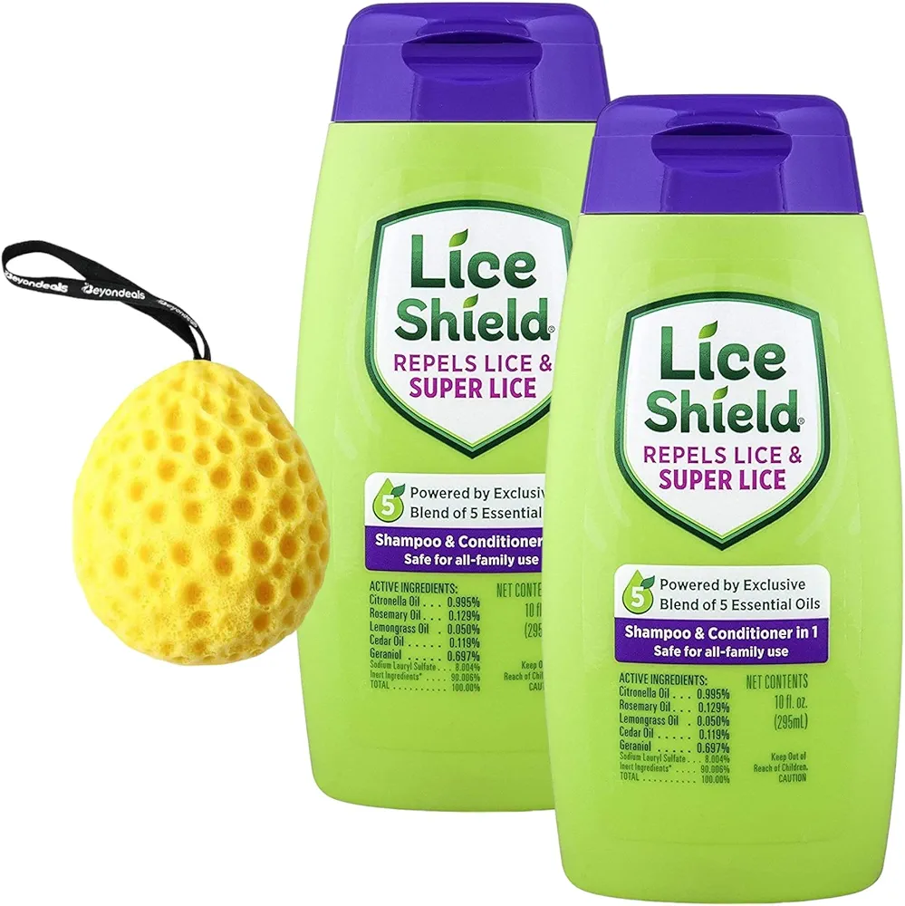 Lice Shampoo And Conditioner, 10 Fl Oz - Bundled Bath Sponge, Lice Repellent 2-In-1 Hair Care, Dermatologist-Tested, Plant-Based Ingredients, Family Size ~[Pack Of 2]