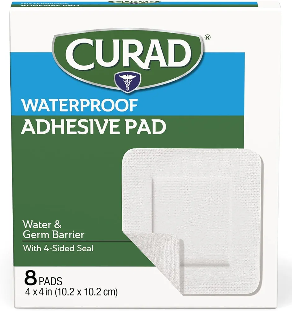 CURAD White Waterproof Adhesive Pads, 4" x 4", Advanced Wound Care, 1 Box, 8 Count