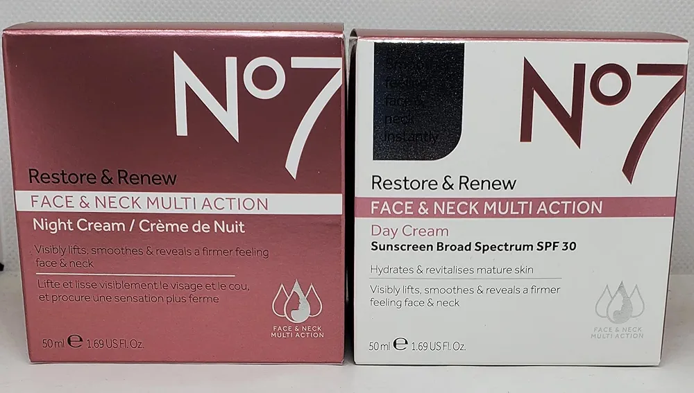 No7 Restore & Renew FACE & NECK MULTI ACTION Day/Night Creams 2 x 50ml