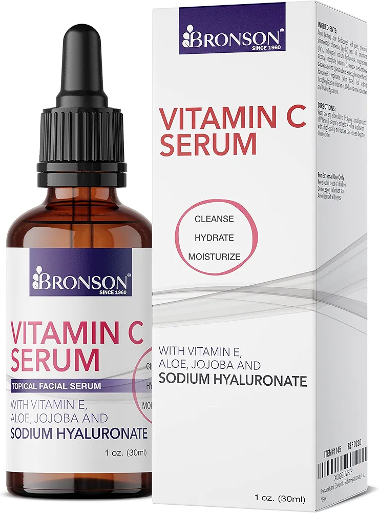 Bronson Vitamin C Serum for Face, Anti Aging Facial Serum with Premium Hyaluronic Acid, Vitamin E, Aloe & Jojoba, Hydrating & Brightening Serum for Dark Spots, Fine Lines and Wrinkles 1 oz.