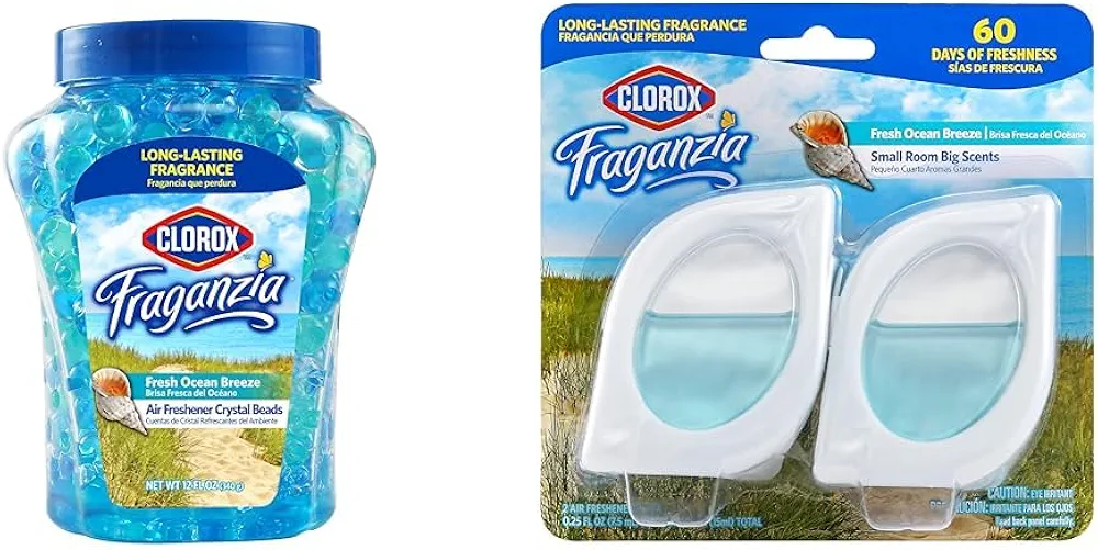 Clorox Fraganzia Air Freshener Bundle: Fresh Ocean Breeze Crystal Beads (12oz) & Small Room Air Fresheners (2ct) for Long-Lasting Freshness in Every Space