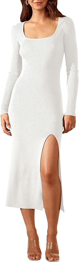 ANRABESS Women's Long Sleeve Sweater Dress Square Neck Side Slit Bodycon Ribbed Knit Slim Fit 2024 Fall Midi Dress